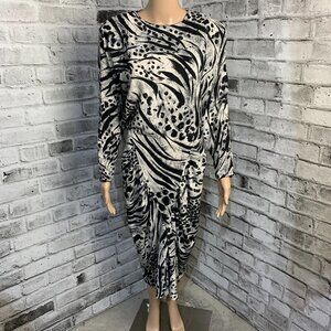 Vintage Animal Print Dolman Long Sleeve Corset Ruched Waist Chiffon Midi Dress